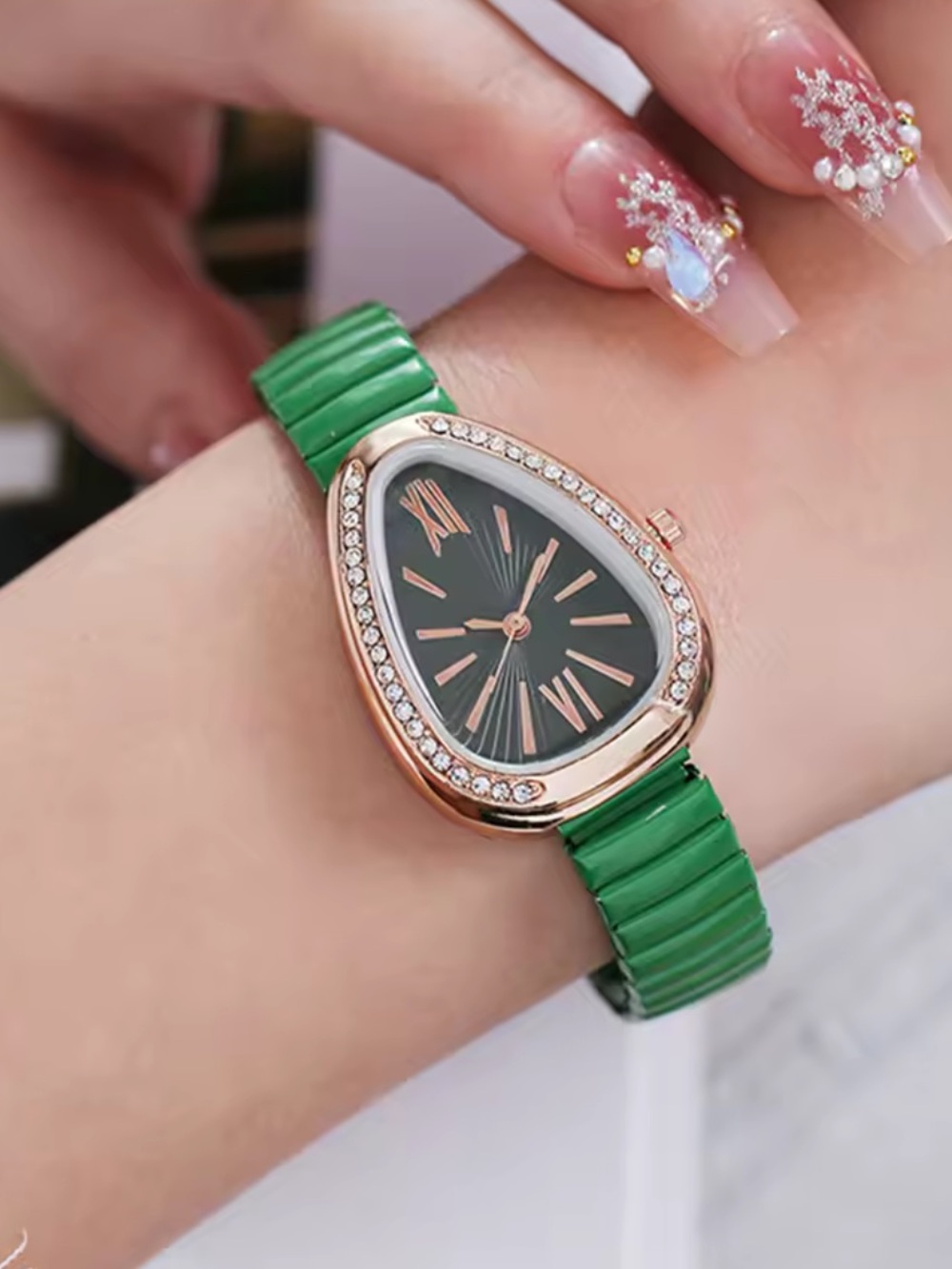 Kohl's Green Strap Teardrop Watch with Rose Gold Crystal Bezel